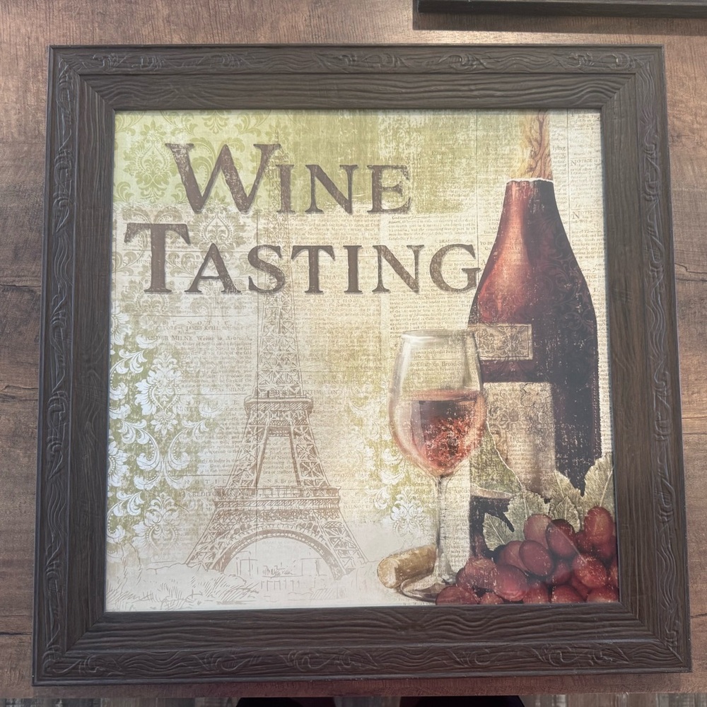 Wine Tasting Wall Art with Brown Frame
